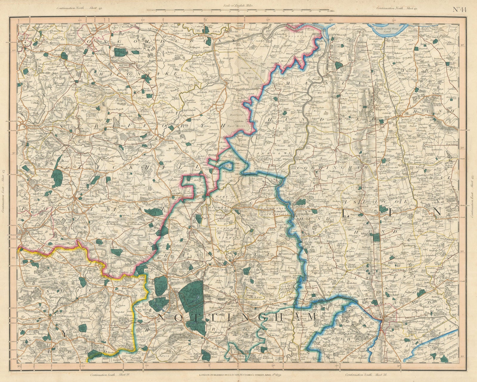 South Yorkshire, NW Lincolnshire, North Nottinghamshire. CARY 1832 old map